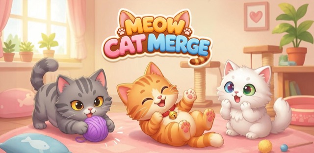 Meow Cat Merge promotional art — three cute kittens in a cozy room