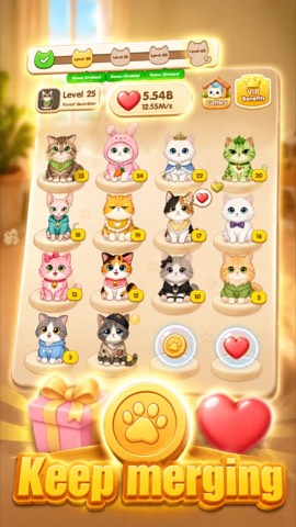 Collection board with costumed cats and Keep merging prompt
